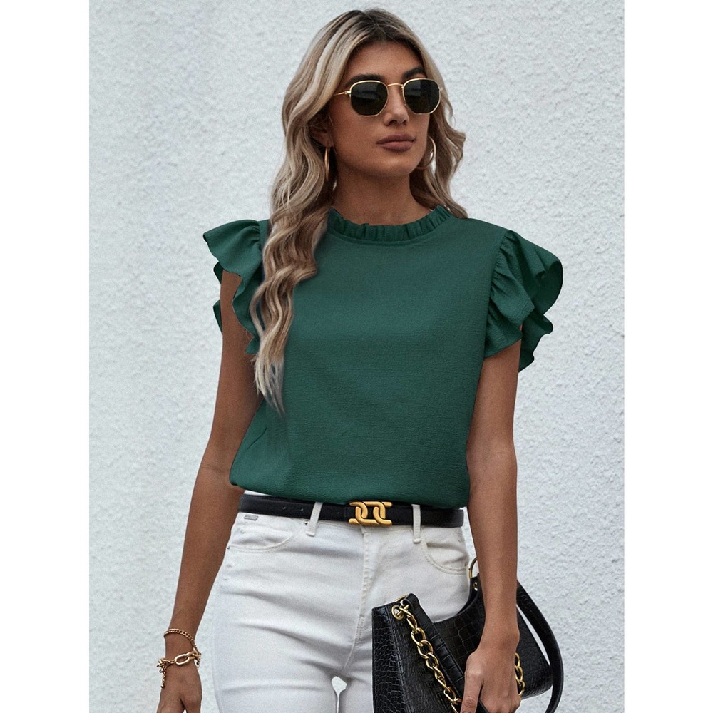 🌟 Mock Neck Lettuce Trim Ruffle short sleeve Blouse black - Picture 4 of 11